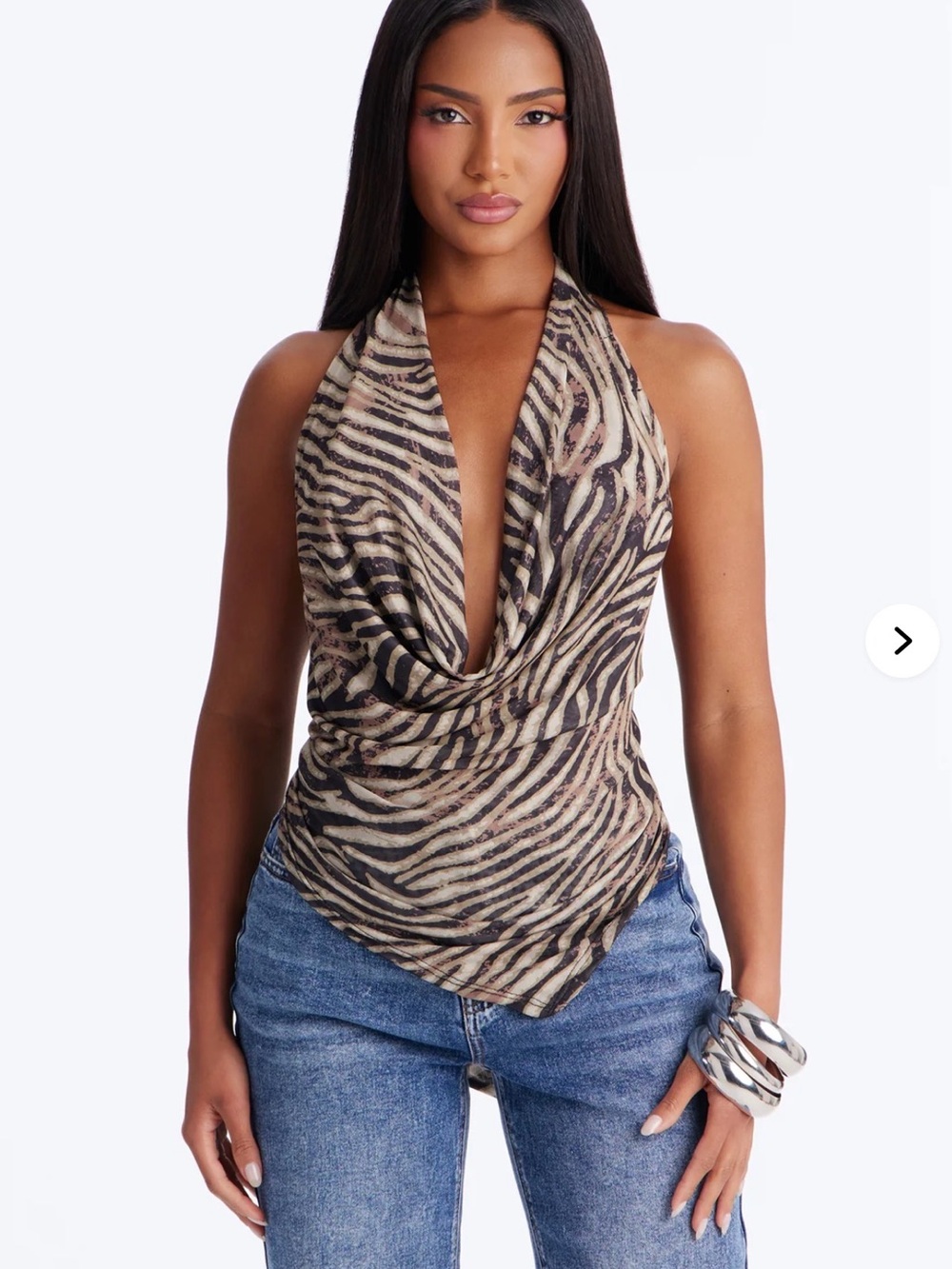 Fashion Nova Zebra-Print Halter Cowl Top in Brown and Black